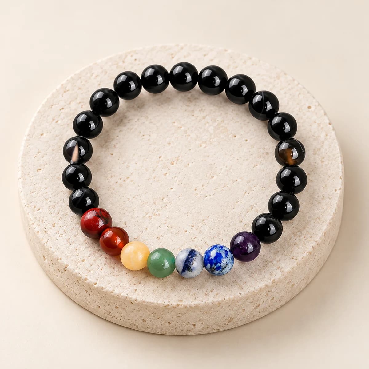 7 Chakra Onyx Bracelet — 8 mm Beads for Protection & Balance, Lab-Certified