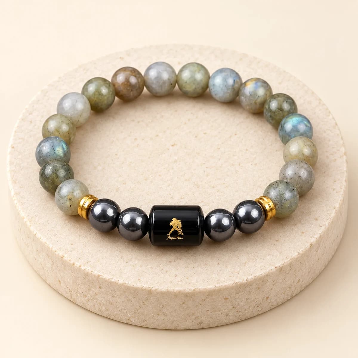 Aquarius (Kumbh Rashi) Bracelet — Labradorite & Hematite, Lab-Certified