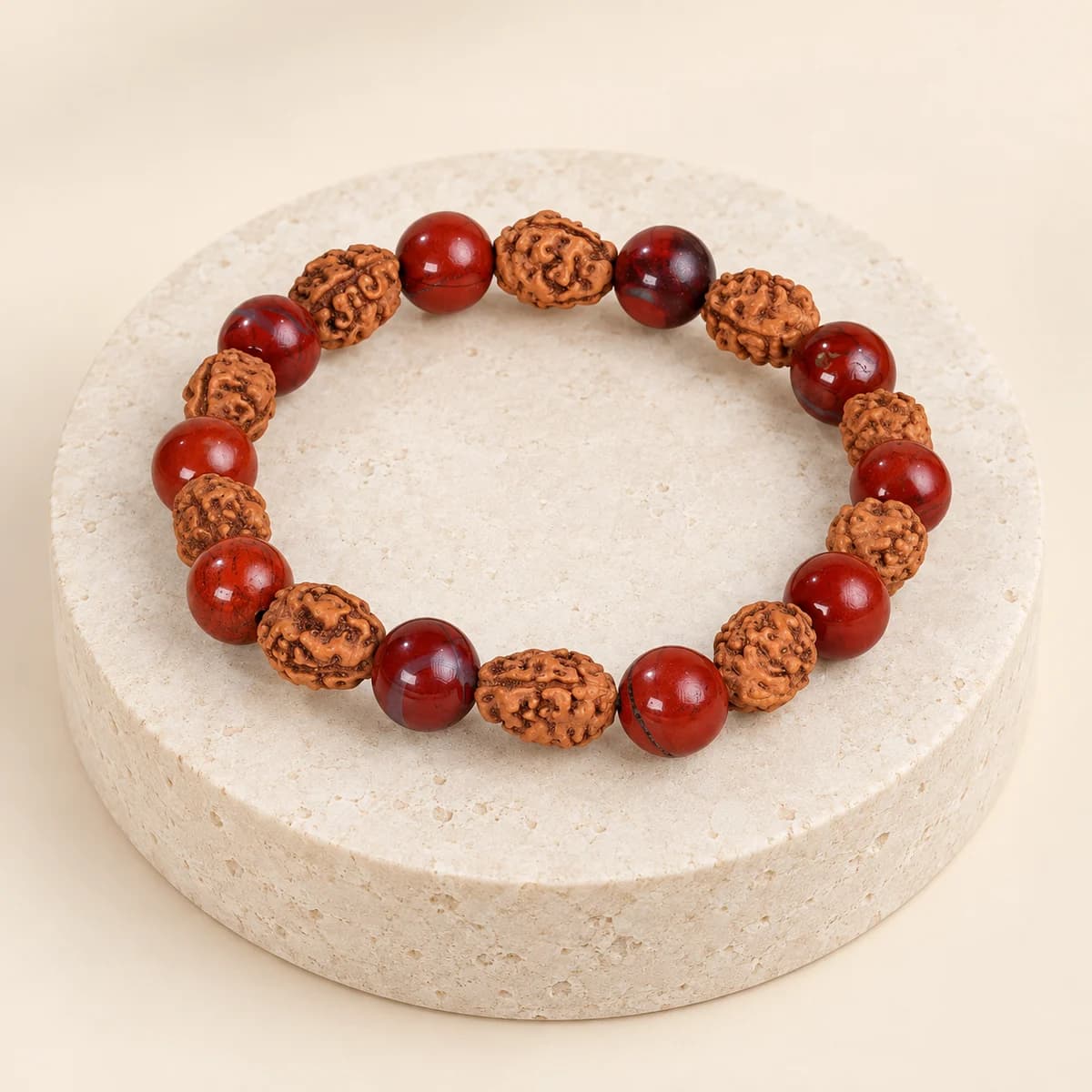 Aries (Mesh Rashi) Bracelet — Red Jasper & 3 Mukhi Rudraksha, Lab-Certified