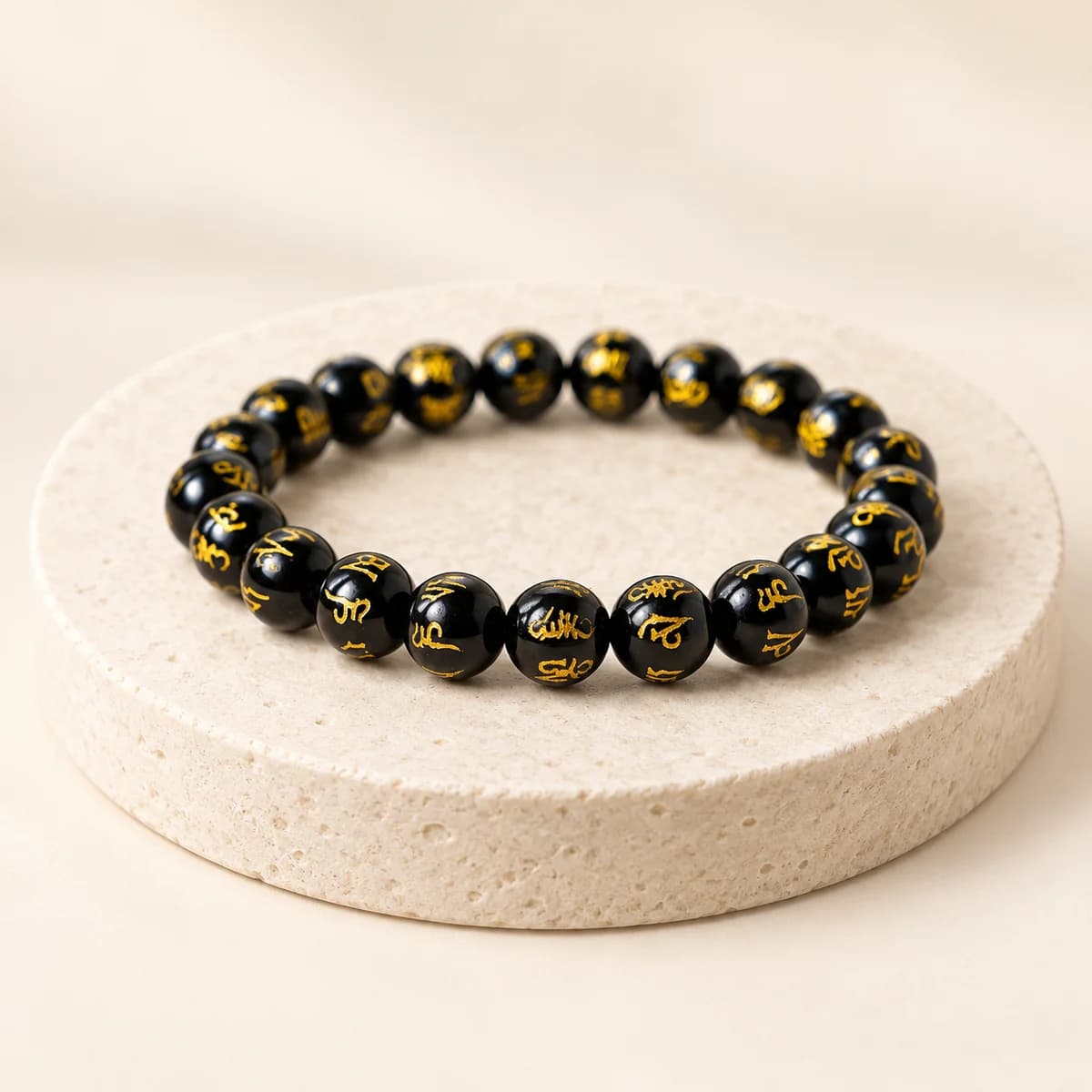 Black Om Mani Bracelet — 8 mm Black Beads for Protection & Focus, Lab-Certified