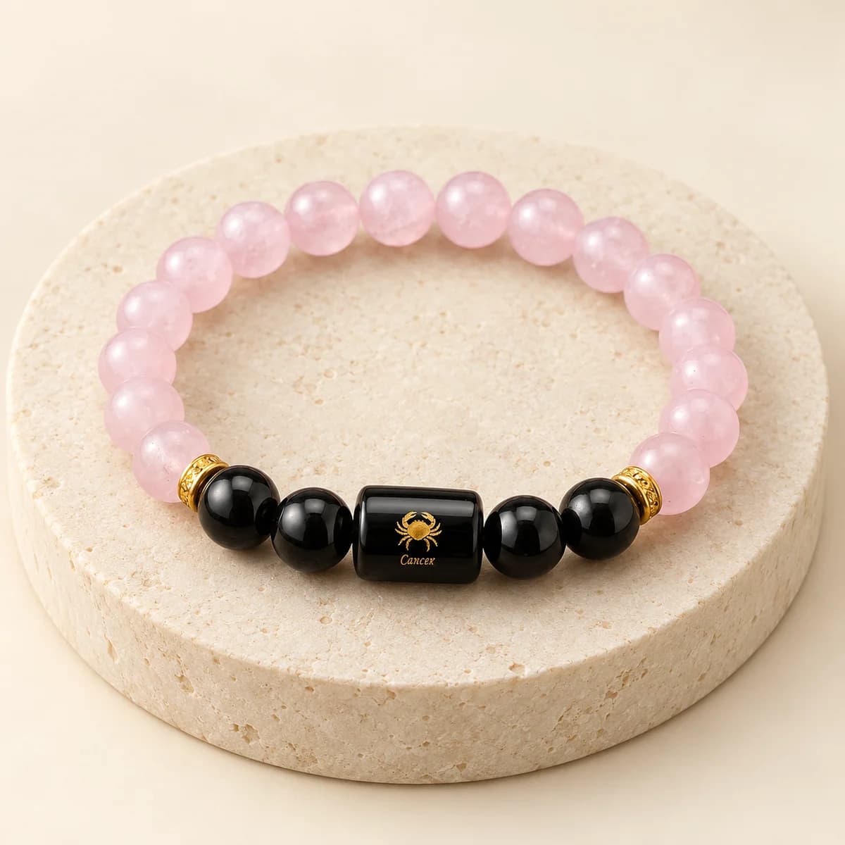 Cancer (Kark Rashi) Bracelet — Rose Quartz & Black Tourmaline, Lab-Certified