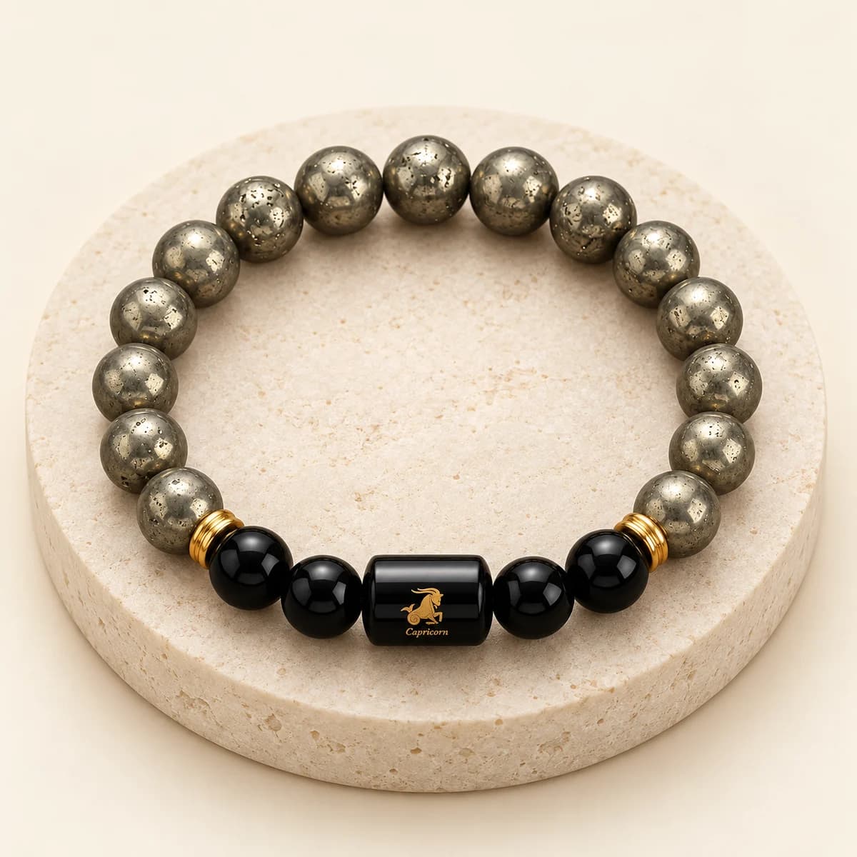Capricorn (Makar Rashi) Bracelet — Pyrite & Black Onyx, Lab-Certified