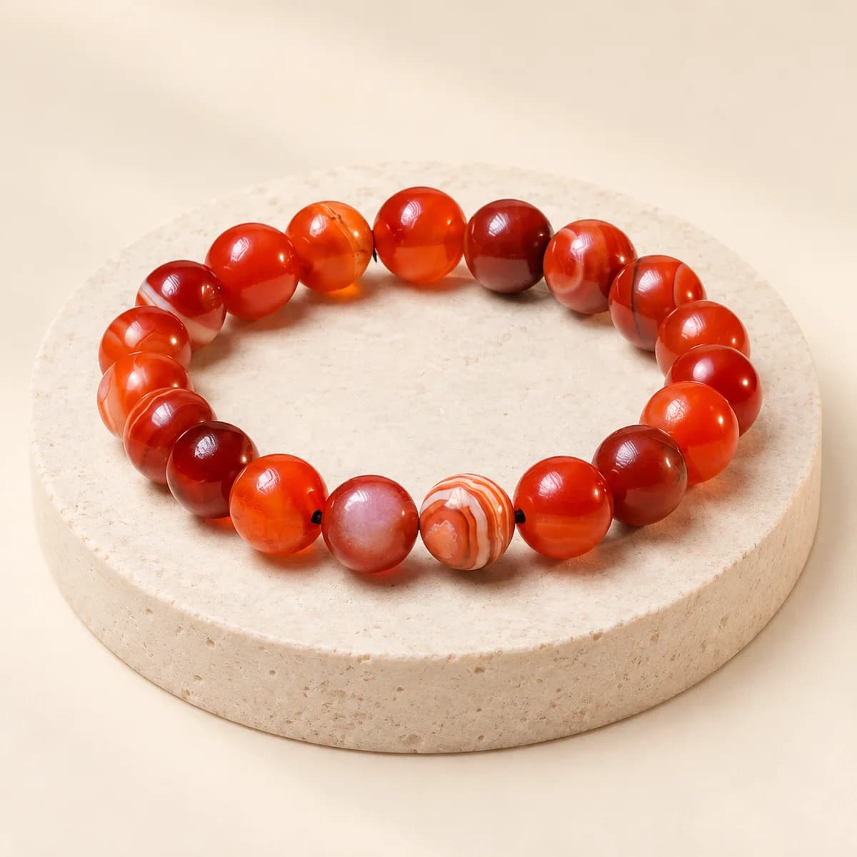 A bead bracelet of carnelian, 8 mm warm orange-red beads, on a light stone pedestal