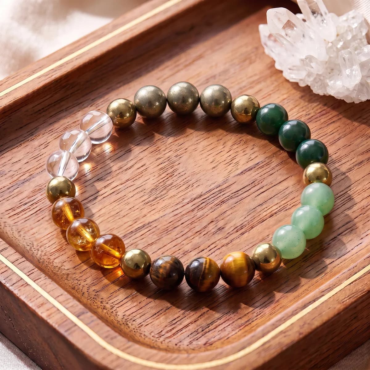 Dhan Yog Wealth Bracelet — Lab-Certified 6-Stone Prosperity Combo (Pyrite, Citrine, Green Aventurine, Tiger Eye, Green Jade & Clear Quartz, 8mm) | Jaipur