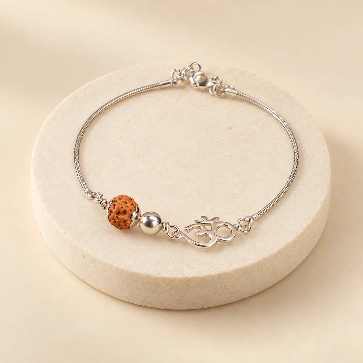 5 Mukhi Rudraksha Silver Om Bracelet — Adjustable Design, Lab-Certified