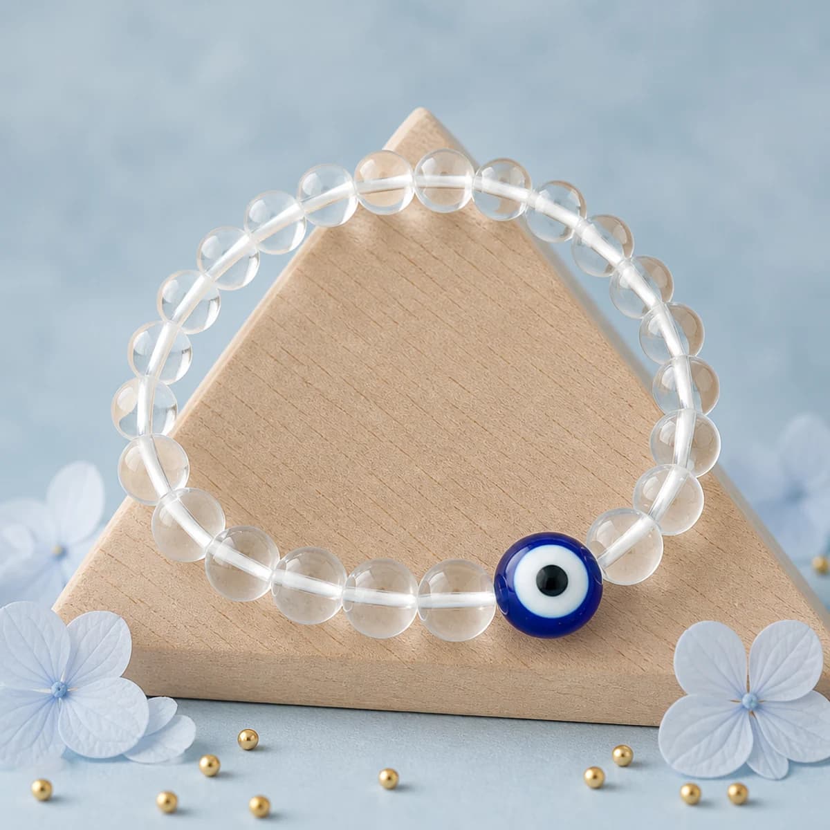 Evil Eye Bracelet — Clear Quartz (Sphatik) with Blue Nazar Bead