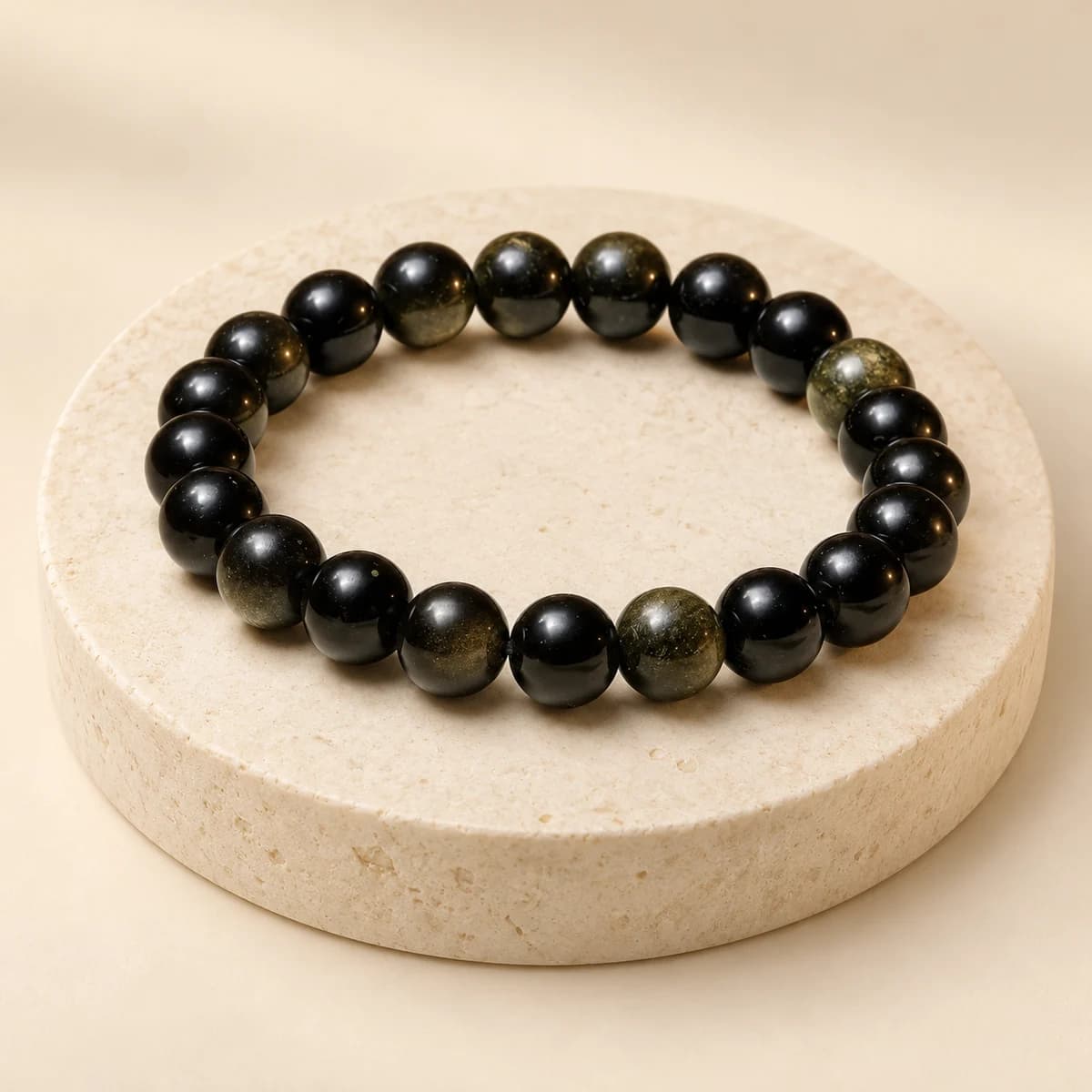 Golden Obsidian Bracelet — 8 mm Polished Beads for Positivity, Lab-Certified