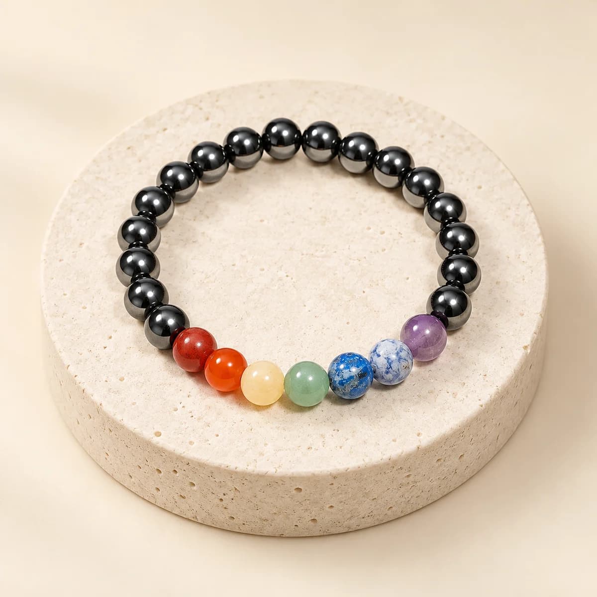 7 Chakra Hematite Bracelet — 8 mm Beads for Grounding & Balance, Lab-Certified