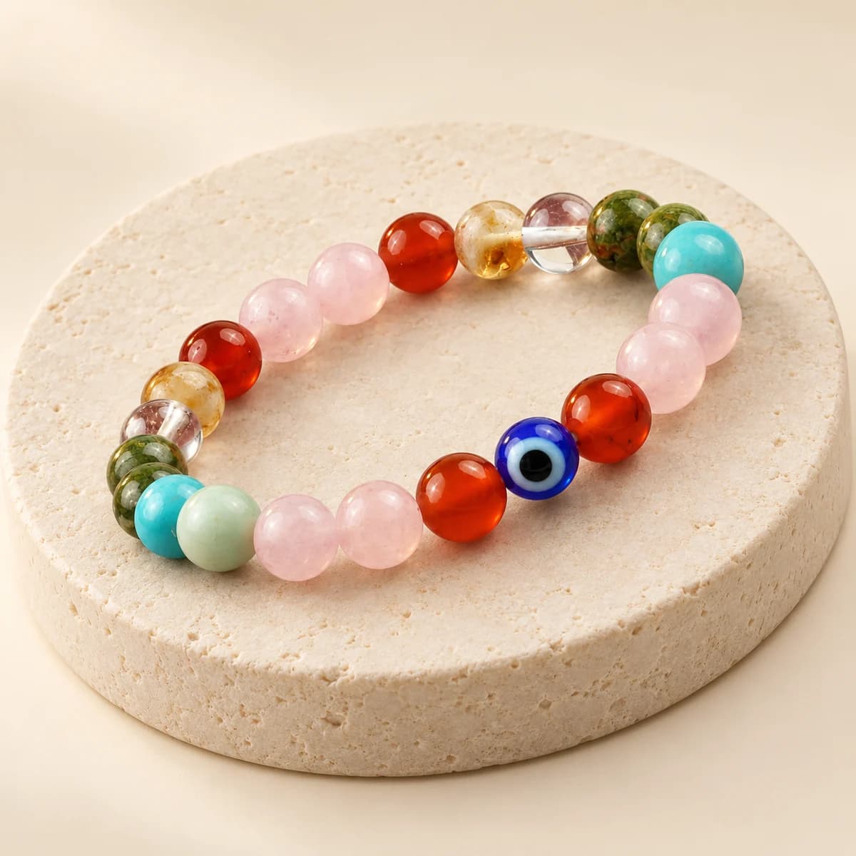 Maternity Blessing Bracelet — 7 Gemstones with Evil Eye Accent, Lab-Certified