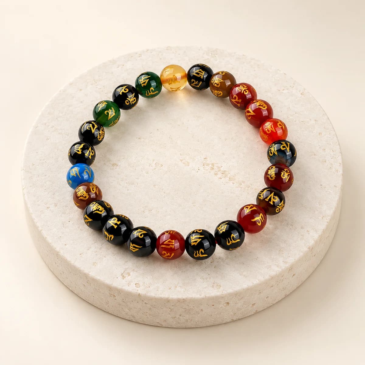 Multi Om Mani Bracelet — Multicoloured Beads with Om Mani Motif, Lab-Certified