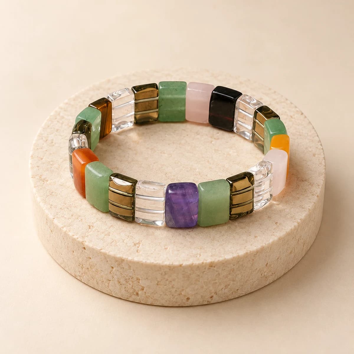 Multi-Stone Flat Bead Bracelet — 8 mm Mix of Six Stones, Lab-Certified