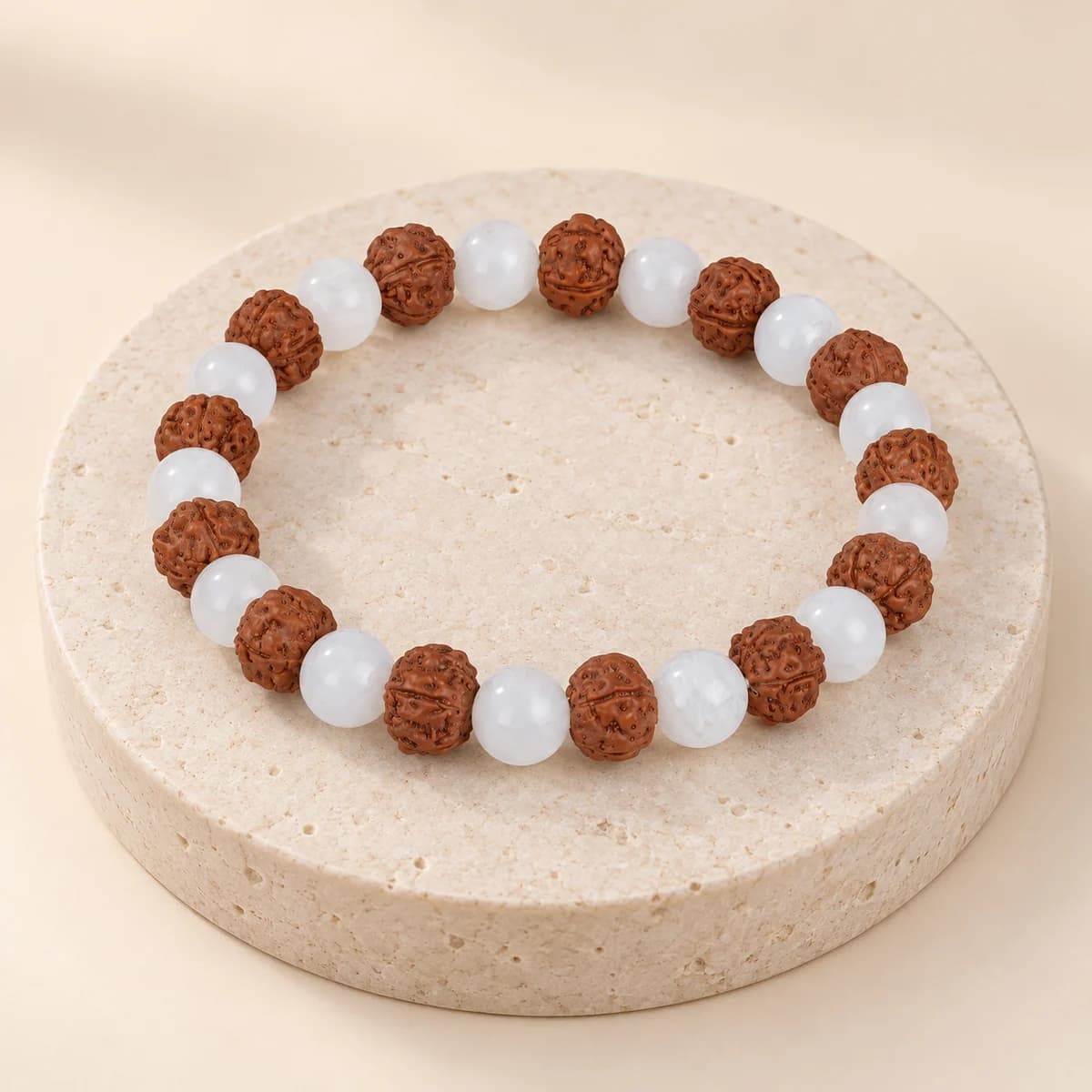 Pisces (Meen Rashi) Bracelet — Moonstone & 5 Mukhi Rudraksha, Lab-Certified