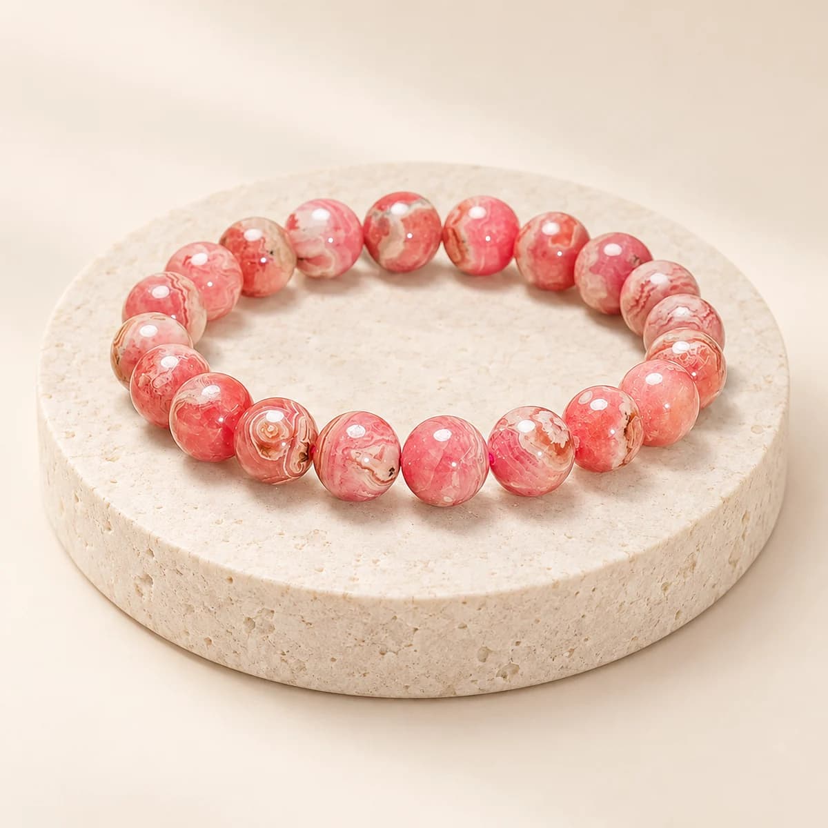 Rhodochrosite Bracelet — 10 mm Pink Beads for Warmth and Calm, Lab-Certified
