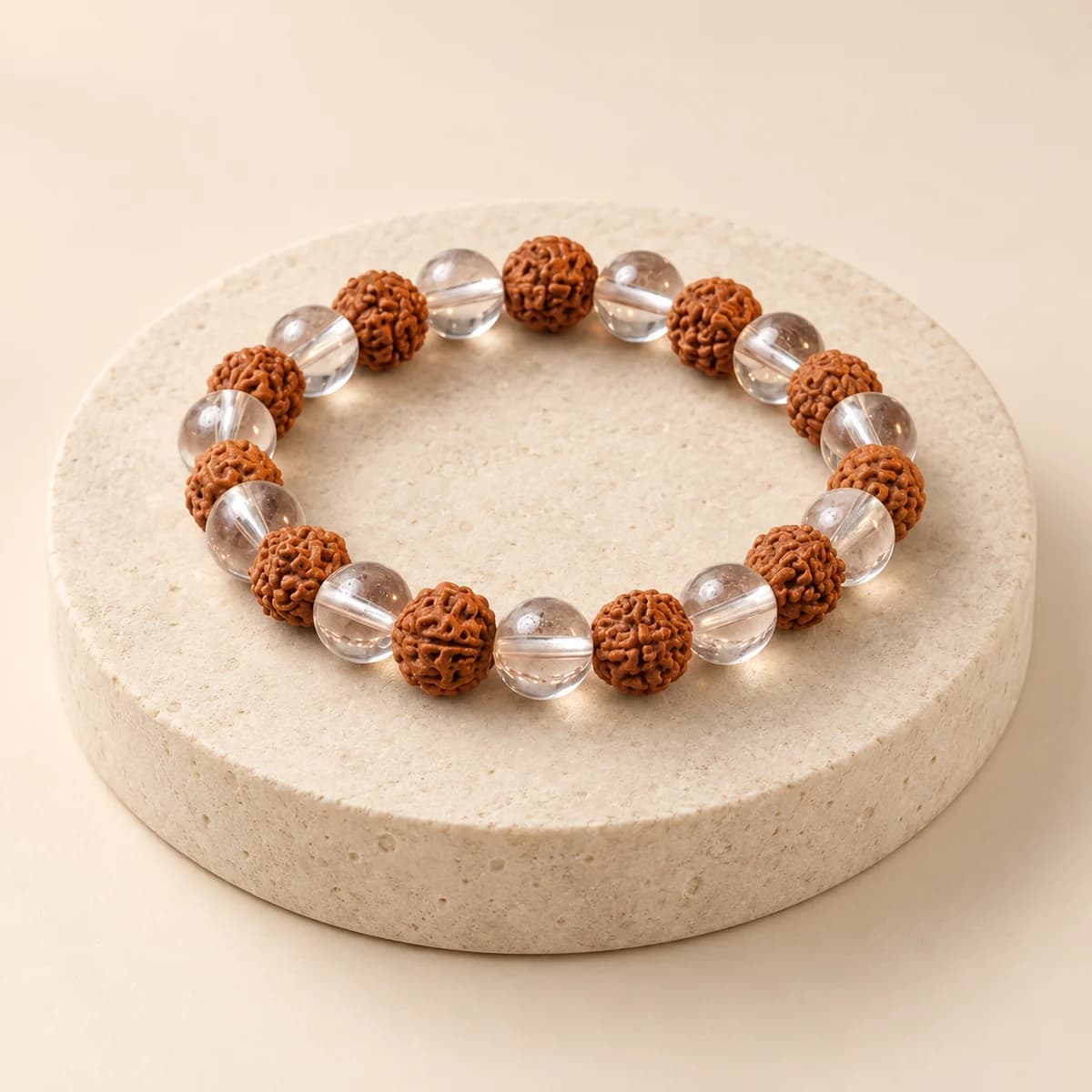 Rudraksha and Quartz Bracelet — 8 mm Beads for Focus and Calm, Lab-Certified