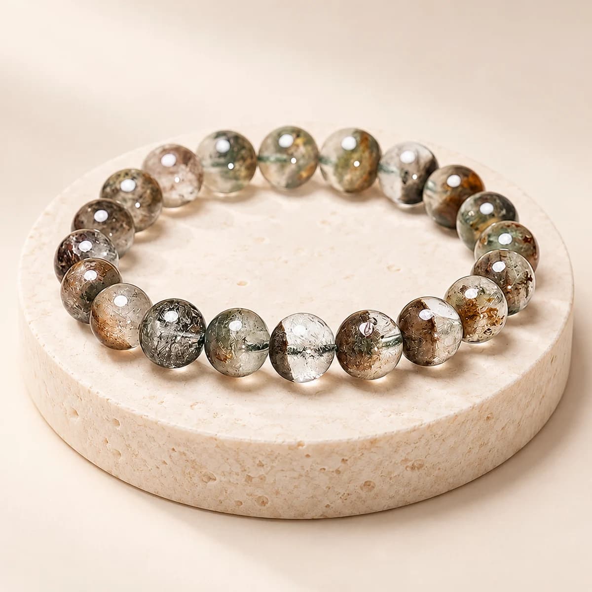 Sagenitic Quartz Bracelet — 10 mm Beads for Protection and Calm, Lab-Certified