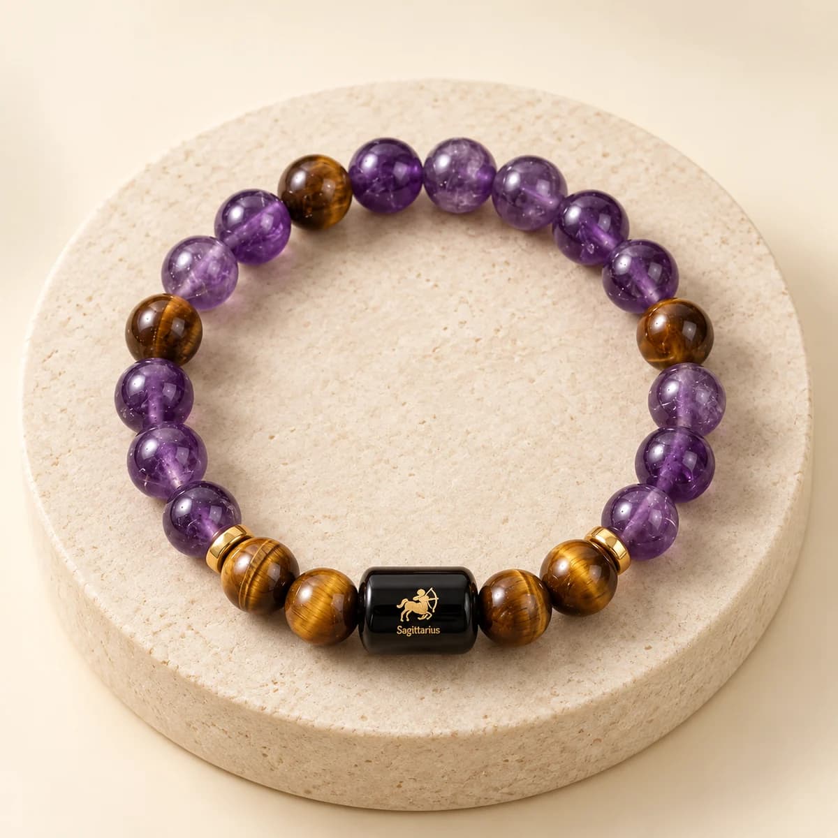 Sagittarius (Dhanu Rashi) Bracelet — Amethyst & Tiger Eye Beads, Lab-Certified