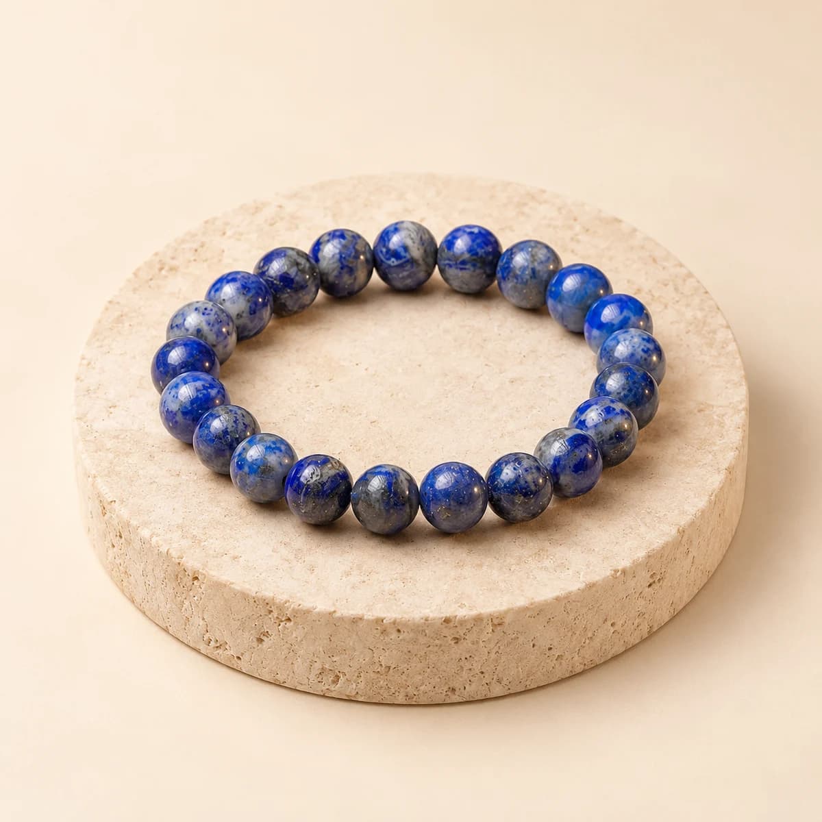 A bead bracelet of polished sodalite on a light stone pedestal, showing the royal-blue beads with white veins