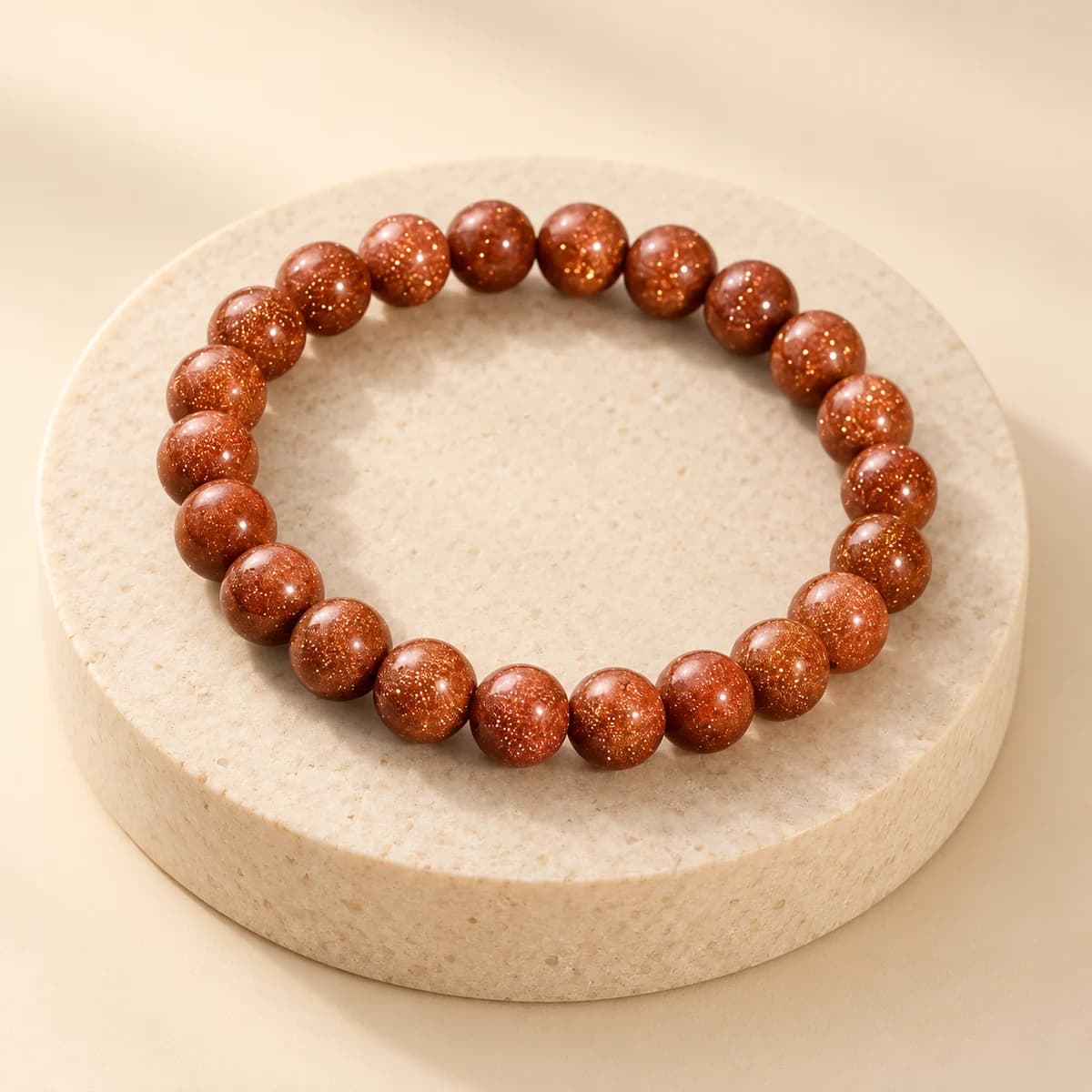 Golden 8 mm sunstone bead bracelet from DivineTatva on a light stone pedestal
