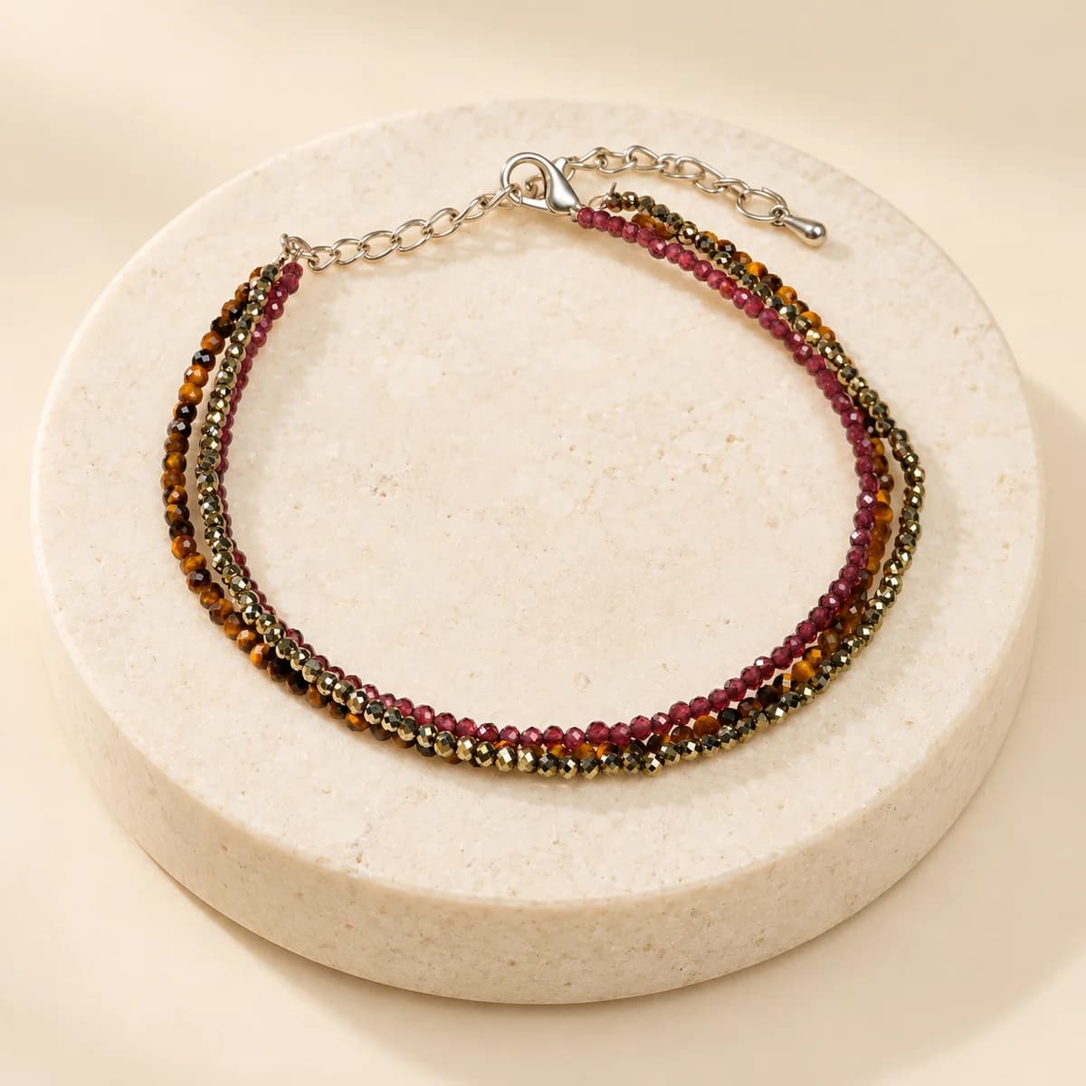 Triple Energy Anklet — Tiger Eye, Pyrite & Garnet, Handcrafted, Lab-Certified
