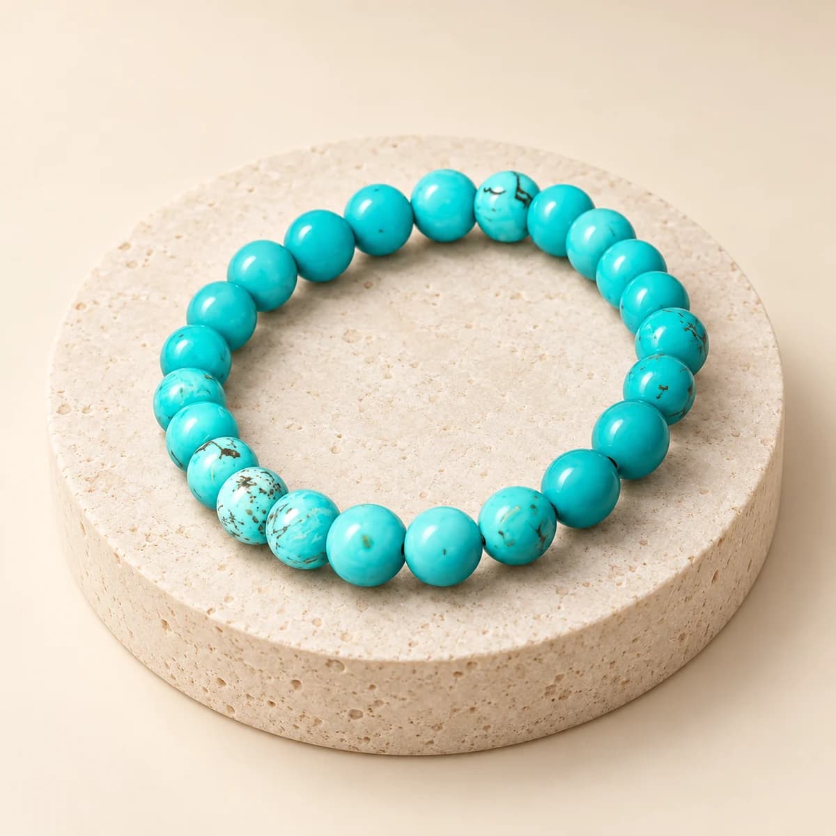 A bead bracelet of turquoise, 8 mm polished sky-blue beads, on a light stone pedestal