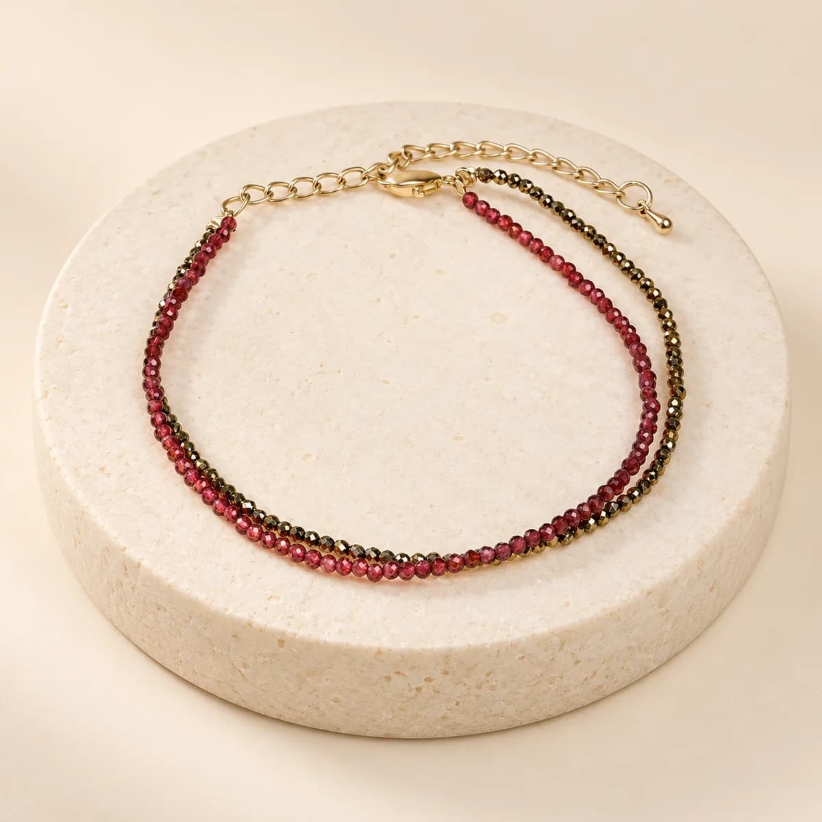 Wealth & Love Anklet — Natural Pyrite & Garnet, Handcrafted, Lab-Certified