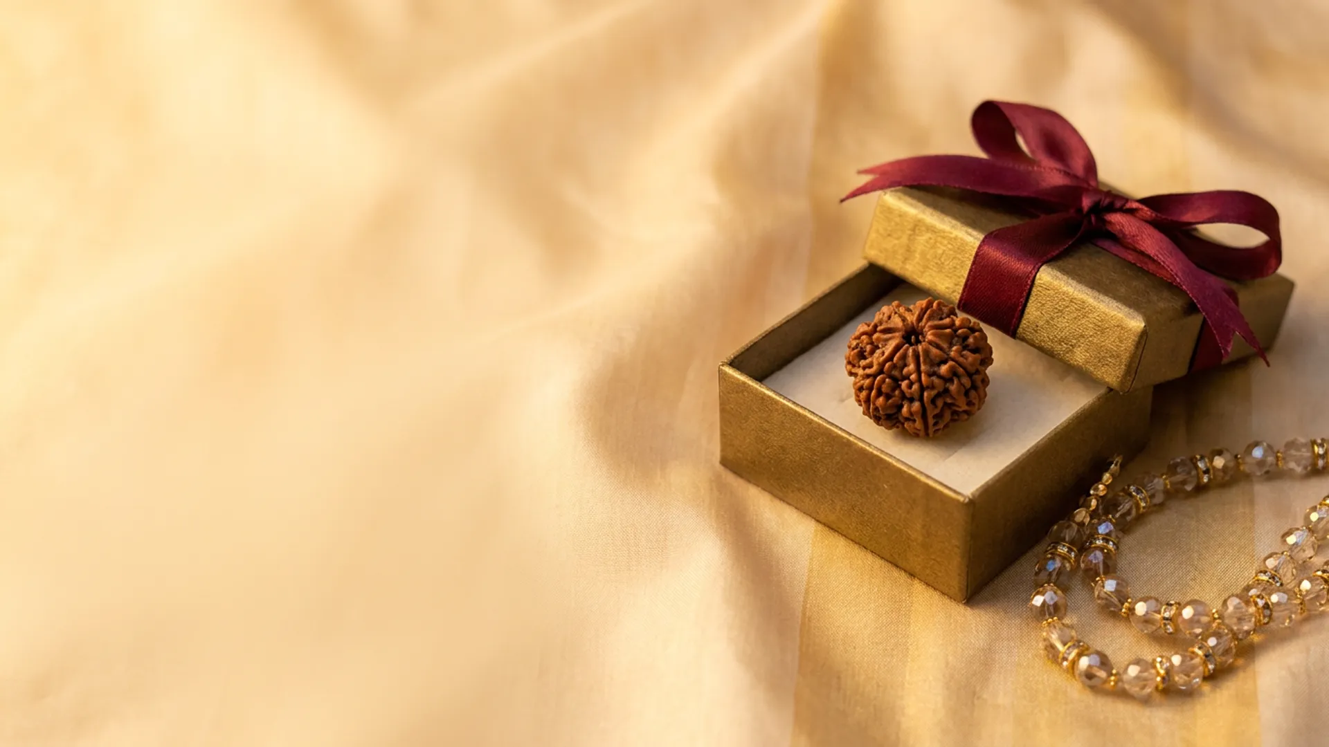 A natural 5 mukhi rudraksha bead in a gold gift box beside a crystal bracelet